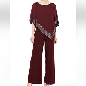 SL fashion Jersey Jumpsuit with Asymmetrical Chiffon Cape with Foil Trim